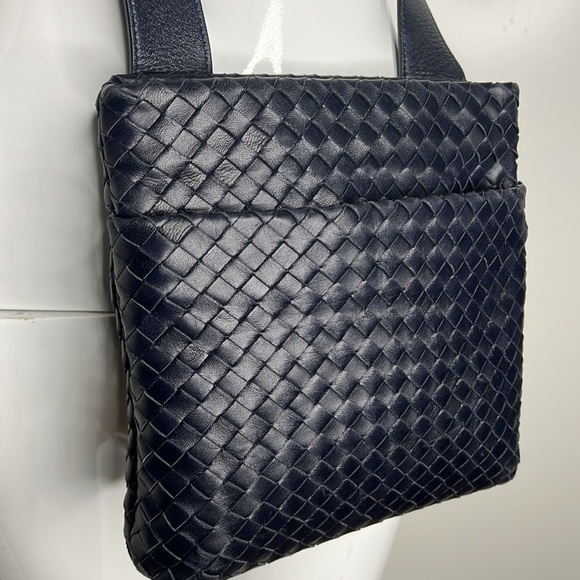 Serajean Ferrara Navy Blue Woven Leather Ziptop Crossbody Bag Made in Italy - Picture 9 of 12
